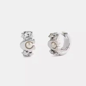 Coach Wildflower Signature Pearl Huggie Earrings Silver